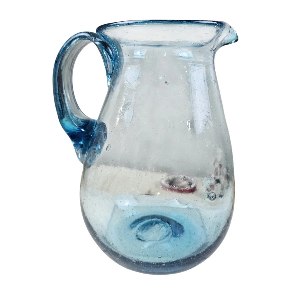 Handblown Seeded Blue Bubble Glass Pitcher Applied Handle Pinchd Spout Art Glass